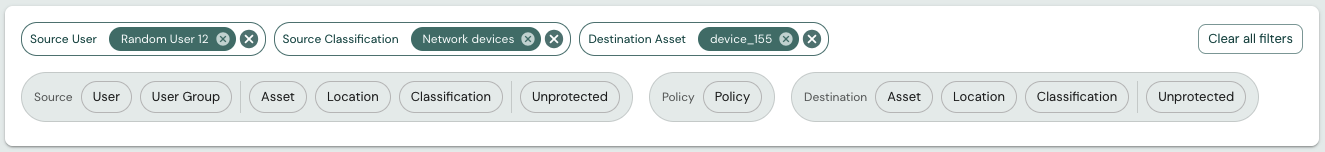 Search bar with filter chips for source, policy, and destination