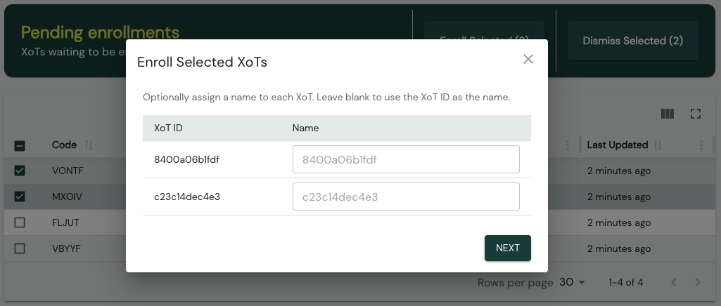 The Batch Enroll Wizard naming step, with a name field for each selected XoT