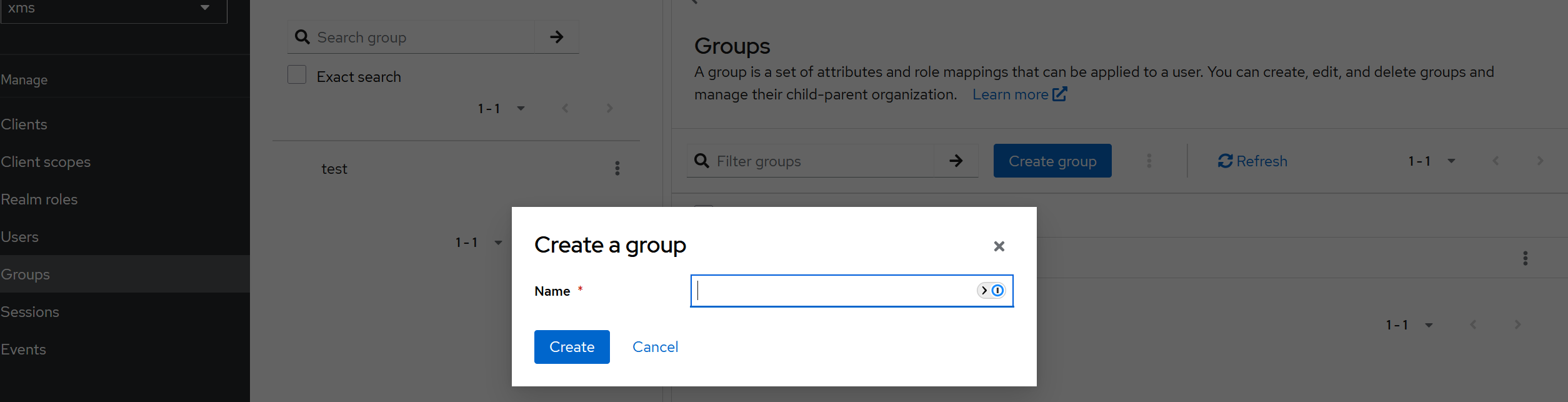 Adding group modal in Keycloak