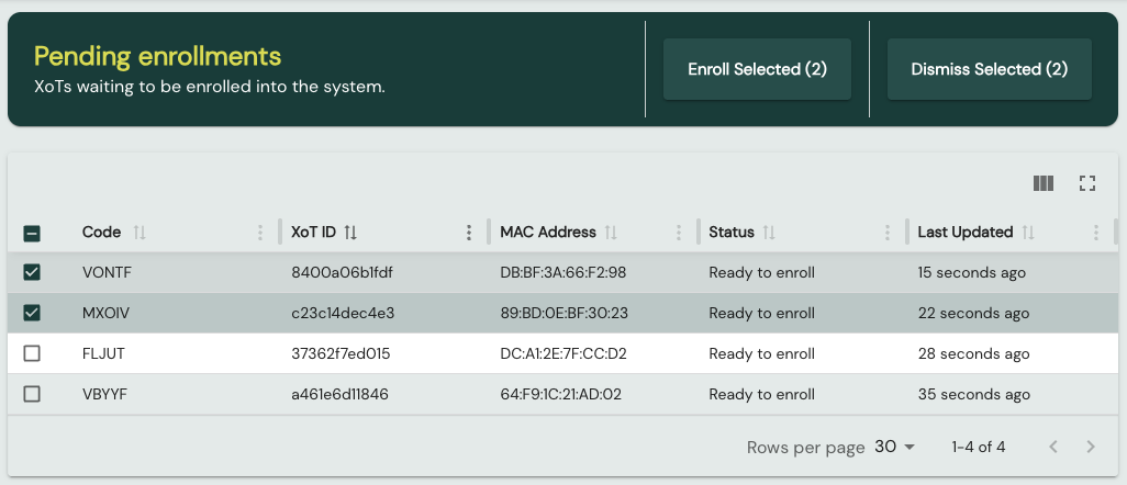 The Pending Enrollments page listing waiting XoTs with Enroll Selected and Dismiss Selected actions