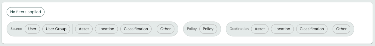 Search bar with filter chips for source, policy, and destination