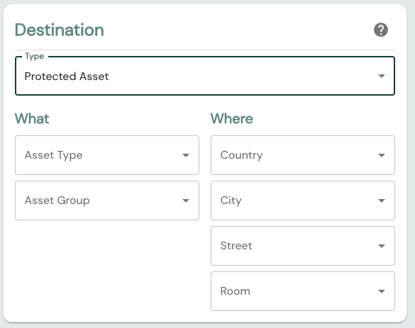 Destination set to Protected Asset with asset type, group, and location filters